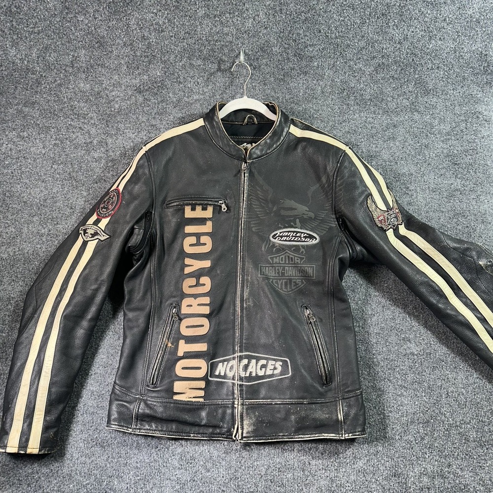 Harley-Davidson Motorcycle Embossed Leather Jacket Men's LT Black Padded Y2k VTG